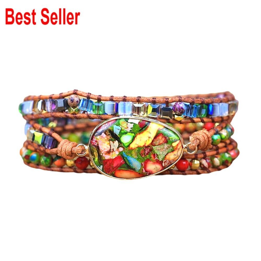 Natural Jasper Crystal Stone Beads Wrap Bracelet Genuine Leather Alloy